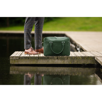 Leather Laptop Bag - on walkway reflecting into water - Funkin Class Leather Co.