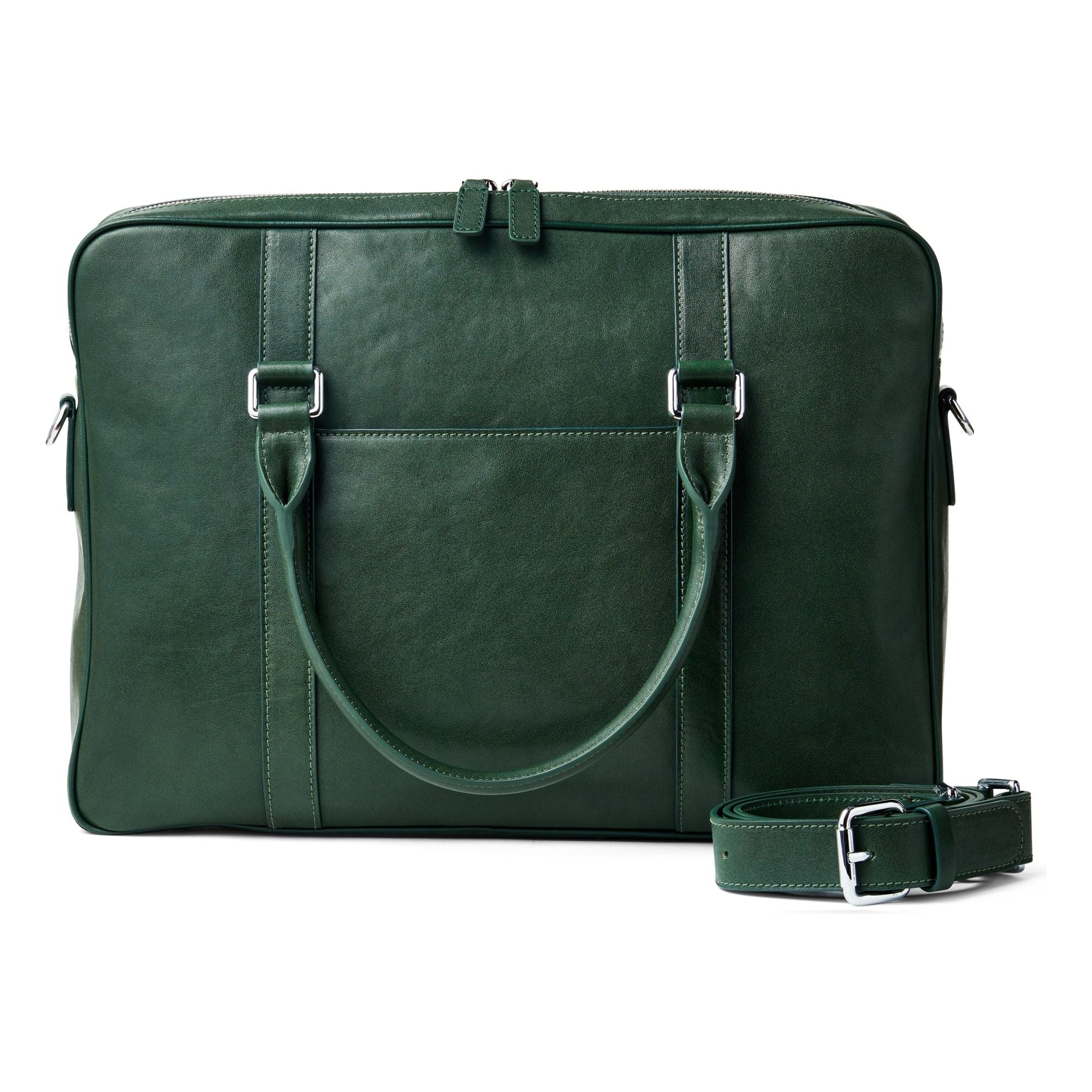 Leather Briefcase - Front View with Strap - Colour British Racing Green - Funkin Class Leather Co.