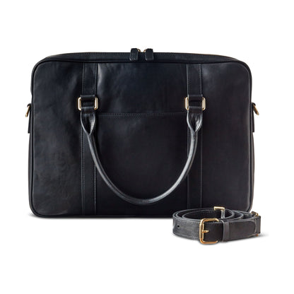 Leather Briefcase - Front View with shoulder strap - Colour Black - Funkin Class Leather Co.