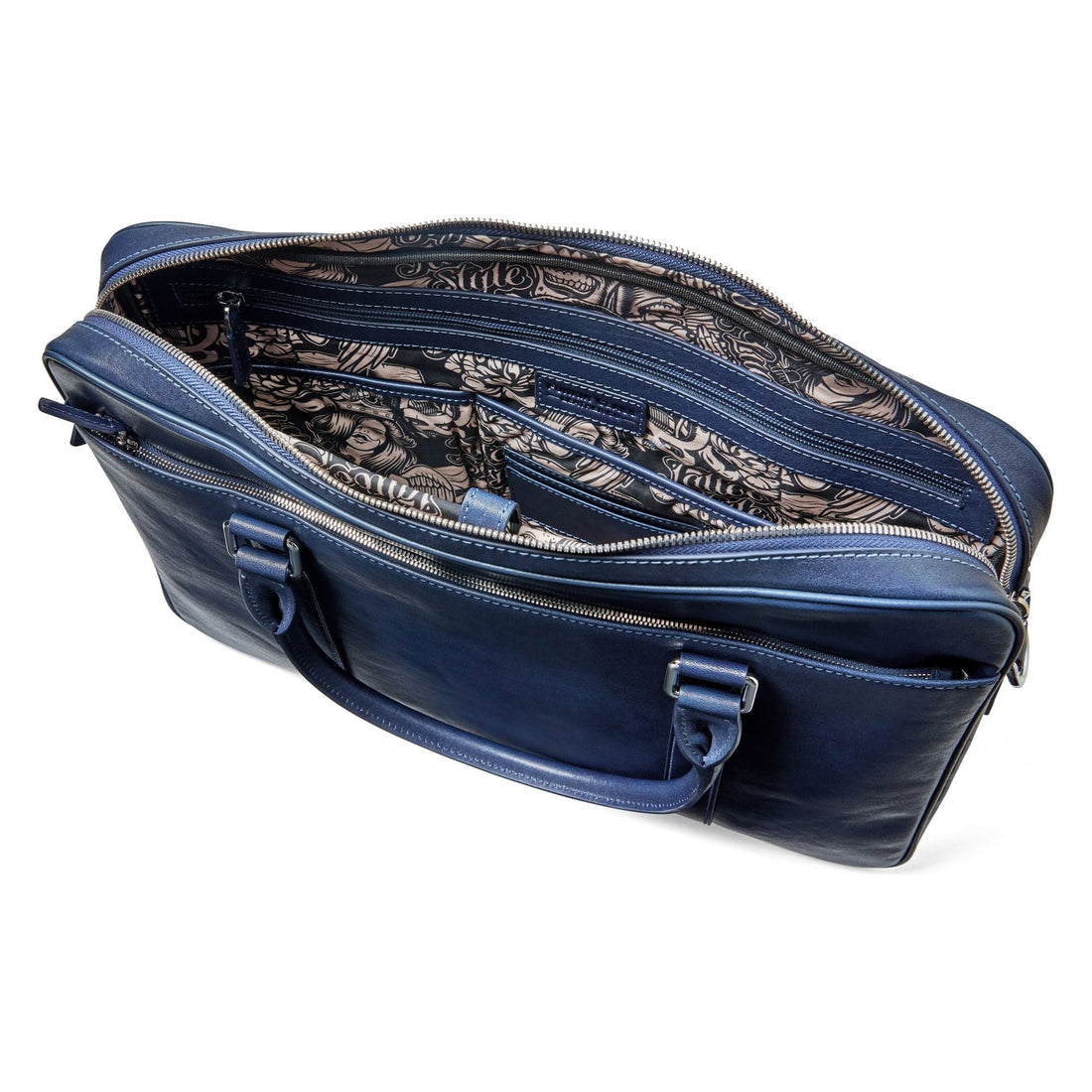 Leather Briefcase - Angle View Open - Colour Navy Blue - Funkin Class Leather Co.