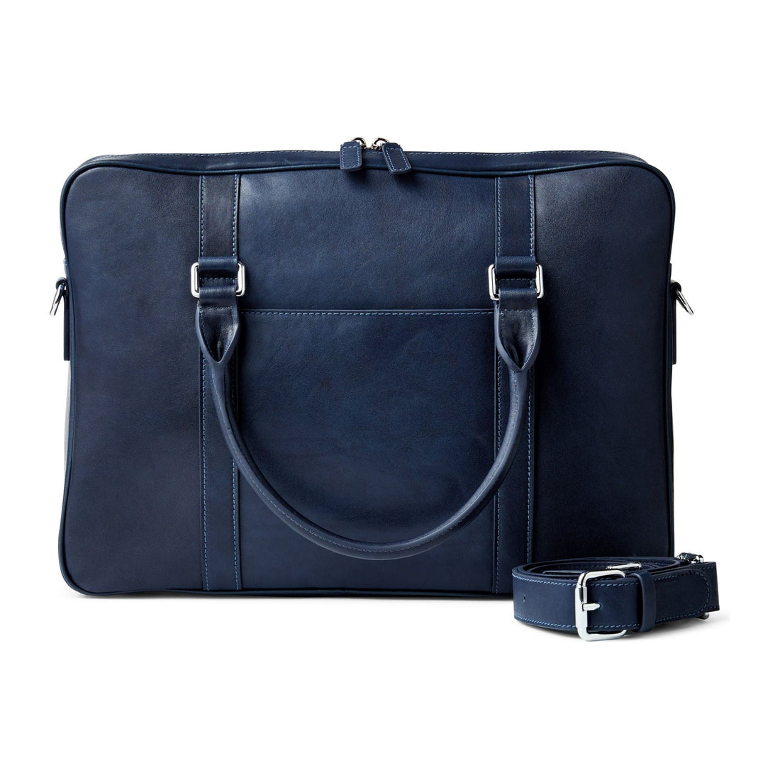 Leather Briefcase - Front View with shoulder strap - Colour Navy Blue - Funkin Class Leather Co.